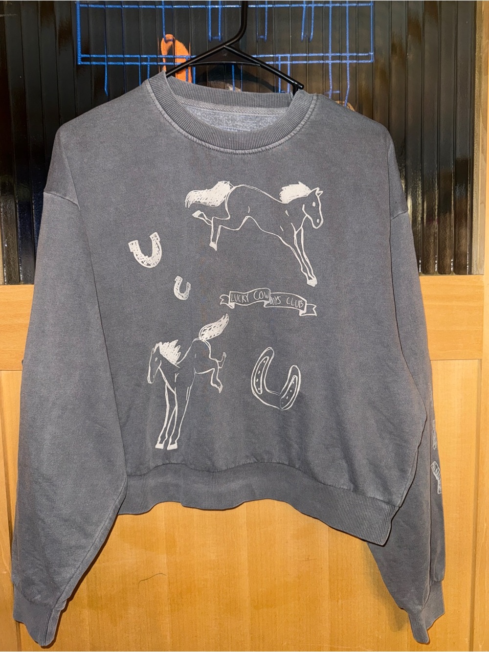 NWT Lazy Sunday Lucky Cowboys Club Sweatshirt S Gray Western Horse Horseshoe